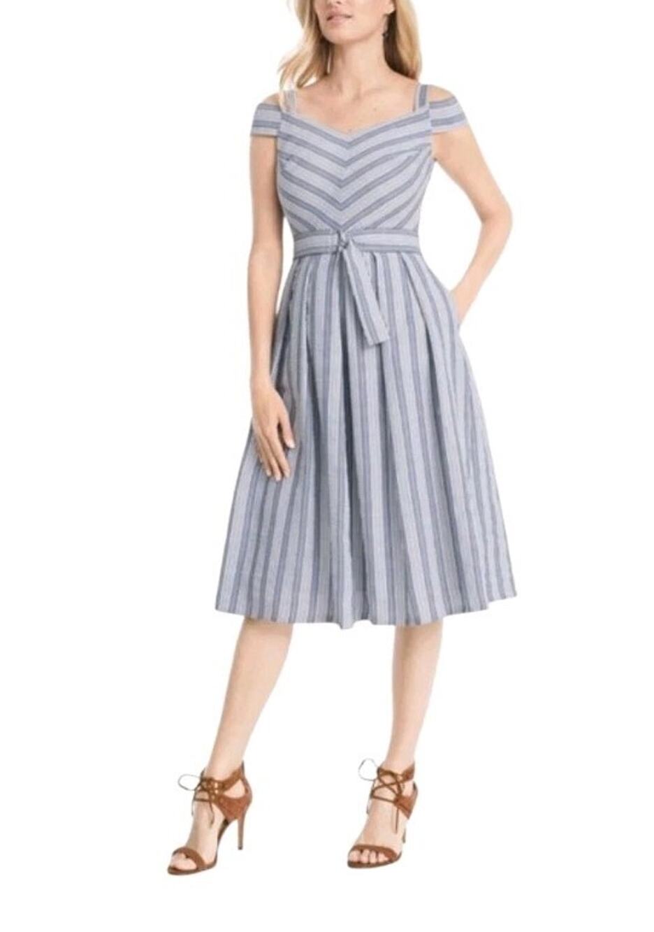 White House Black Market Women's Striped Cocktail Dress 6 Church Event Fit Flare